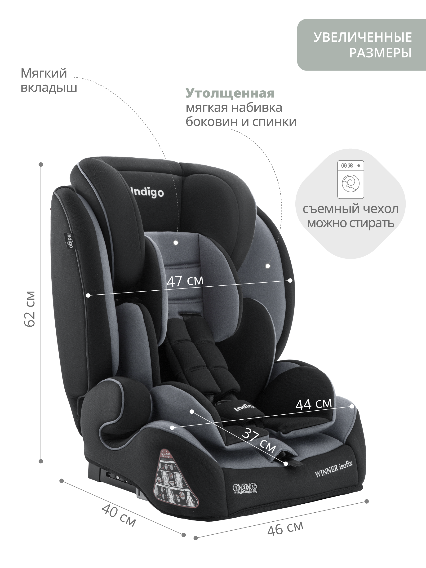 Автокресло Indigo Winner Isofix 1/2/3 (9-36 кг) серый - фото 2
