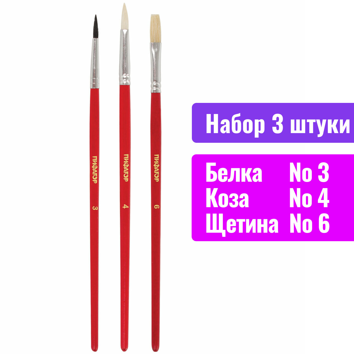 Кисть Пифагор 3 шт. (белка, щетина, коза) - фото 1