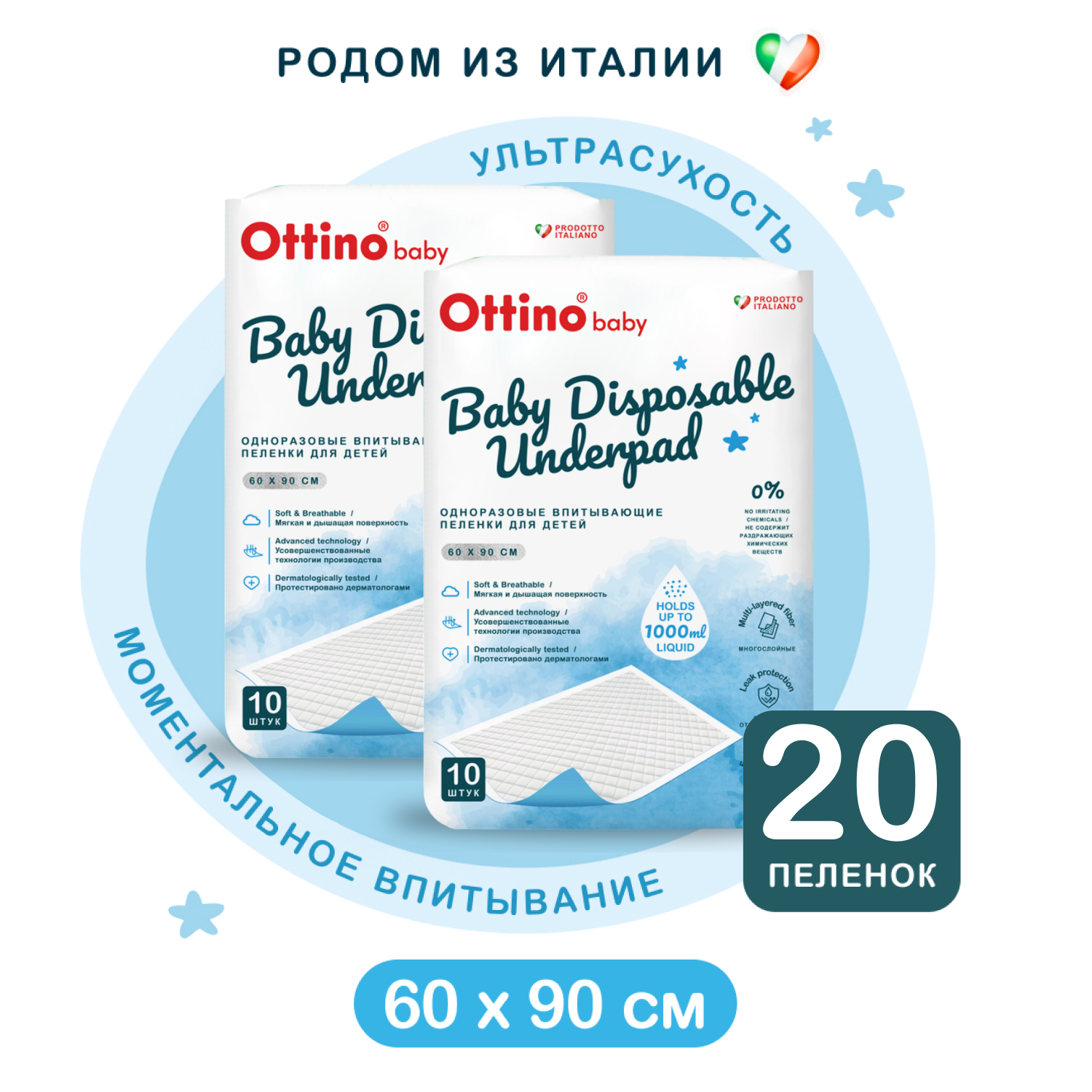 Пелёнки одноразовые OTTINO 60х90 см 2 упак. 10 шт. - фото 1