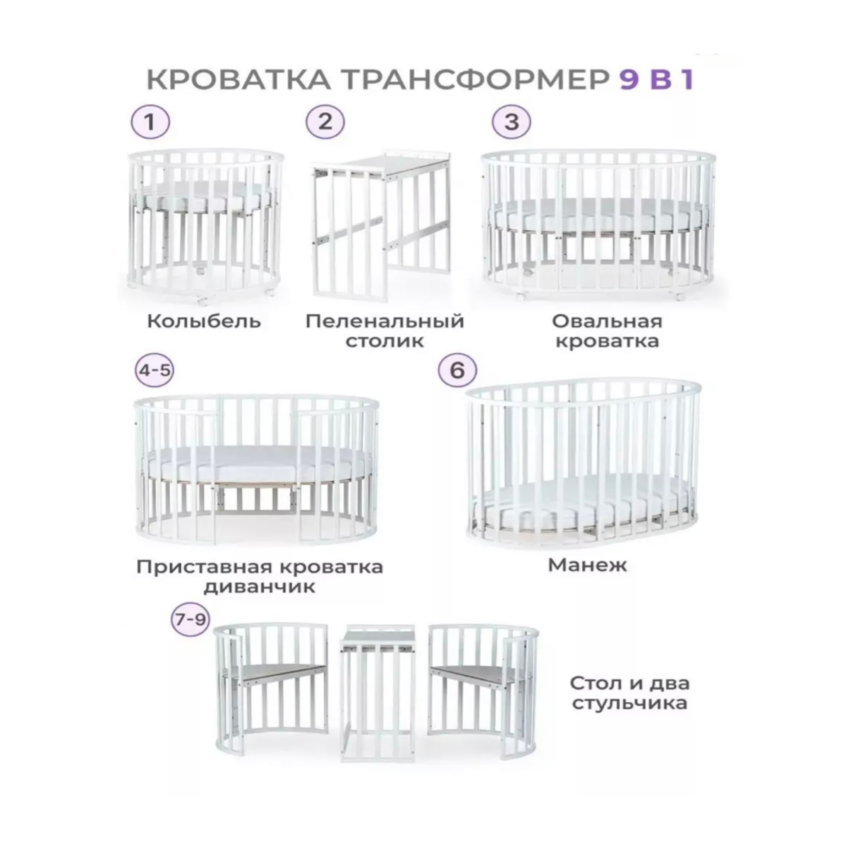 Детская кроватка Moms charm круглая, без маятника (белый) - фото 7