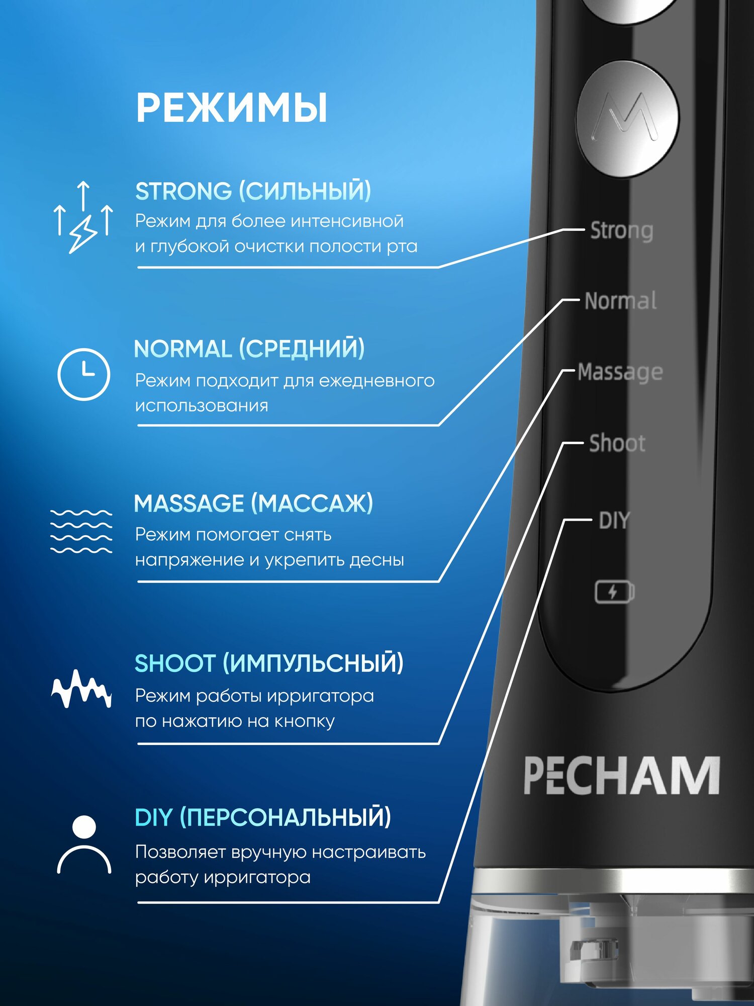 Ирригатор PECHAM импульсный, микропузырьковый, ручной 360 реж. - фото 9