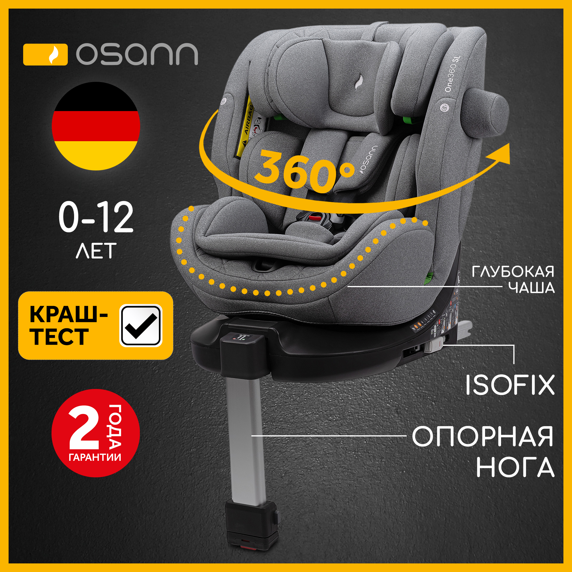 Автокресло Osann One 360 SL Iron 0-36 кг Isofix 0+/1/2/3 (0-36 кг) серый - фото 12