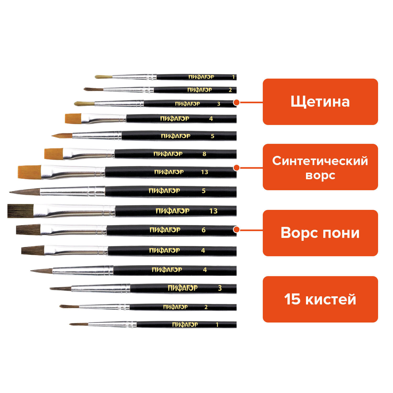 Кисть Пифагор 15 шт. (синтетика, щетина, пони) - фото 4