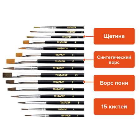 Кисть Пифагор 15 шт. (синтетика, щетина, пони)