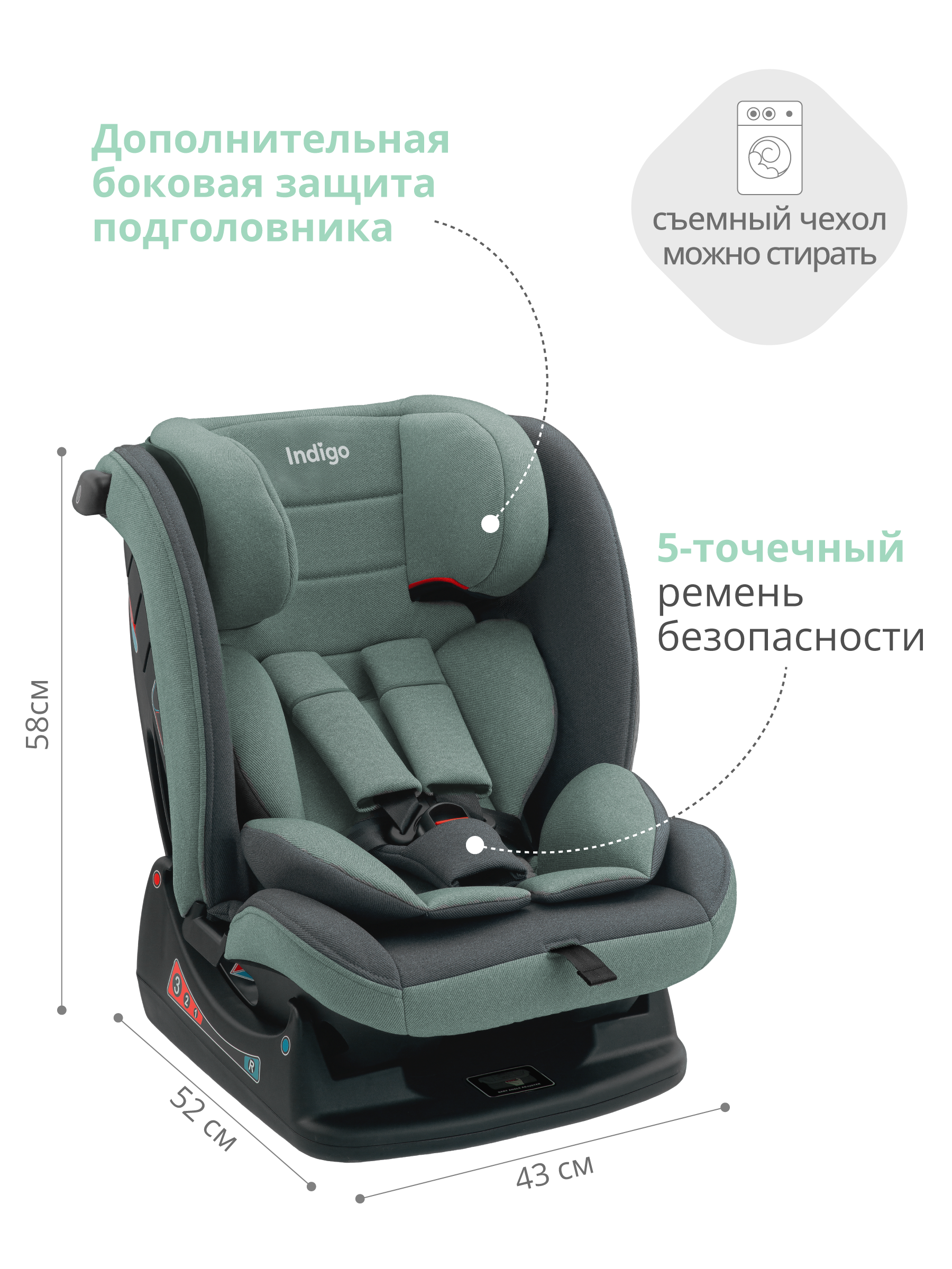 Автокресло Indigo Reflex зеленый-серый 0+/1/2/3 (0-36 кг) - фото 4
