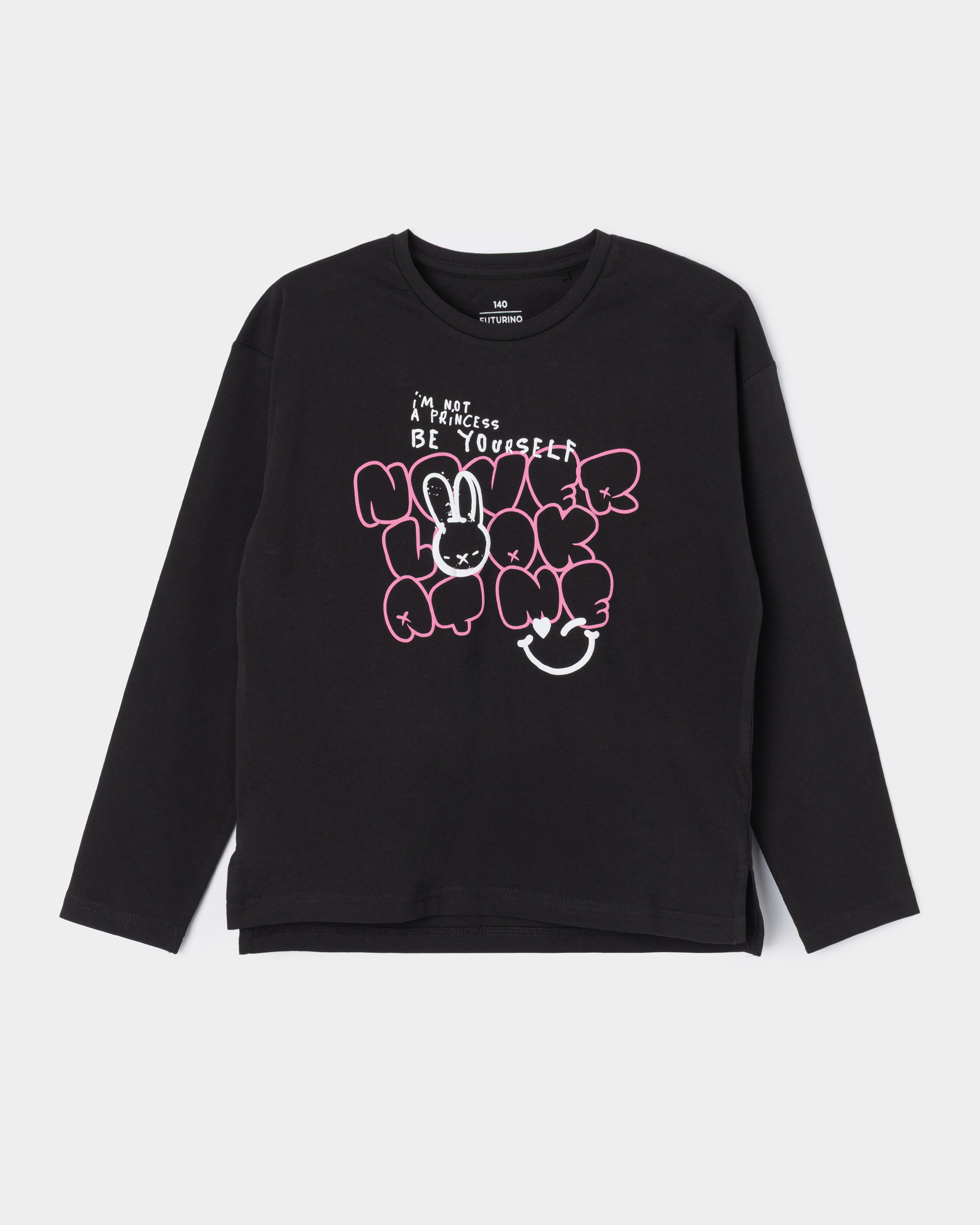 Изображение товара Лонгслив для девочки Futurino 128 черный с принтом 100 хлопок