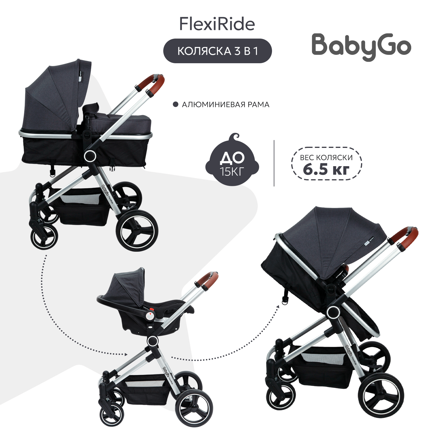 Коляска 3в1 BabyGo FlexiRide New серый - фото 2