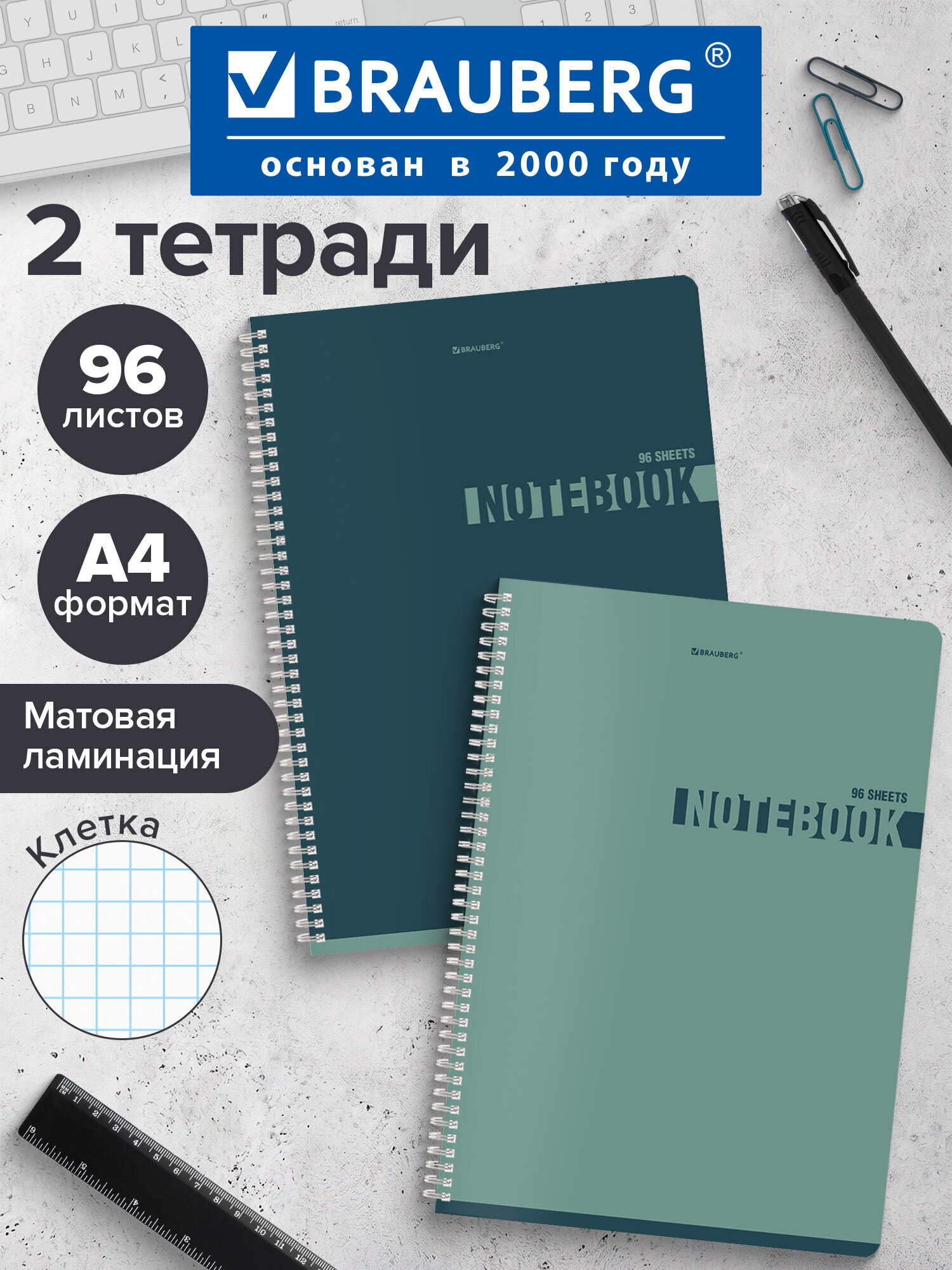 Тетрадь Brauberg клетка 96 лист. 2 шт. - фото 1