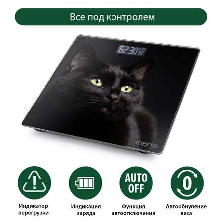 Весы напольные MARTA MT-1608 сенсор/встроенный термометр/черный кот