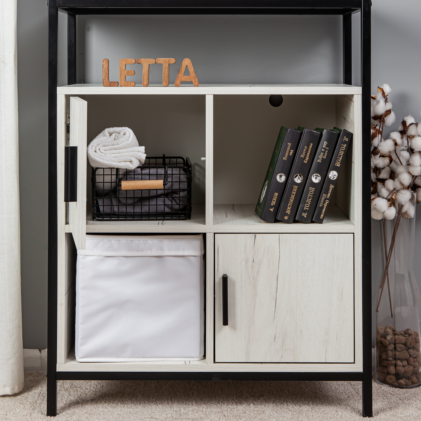Комод стеллаж LETTA Frame Цвет Дуб Крафт Белый Черный металл 700х910х300 - фото 6