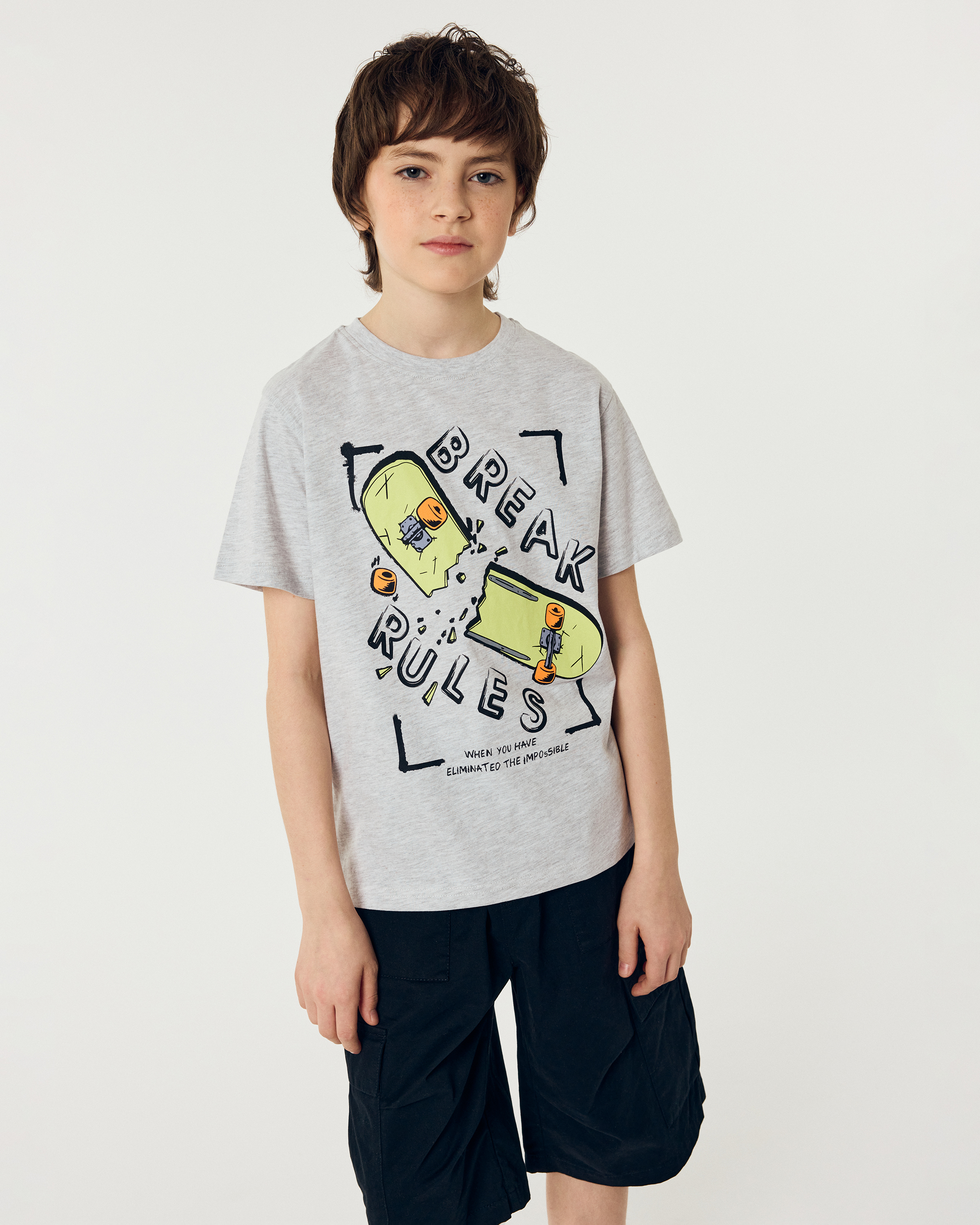 Изображение товара Футболка Futurino 164 серый меланж с принтом Break rules